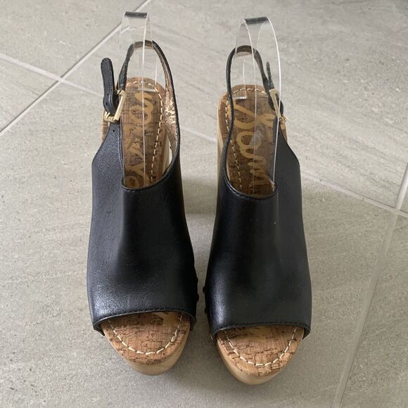 Sam Edelman Camilla Black Leather Slingback Heels Wedges Clogs Nailhead 8 - Picture 2 of 5